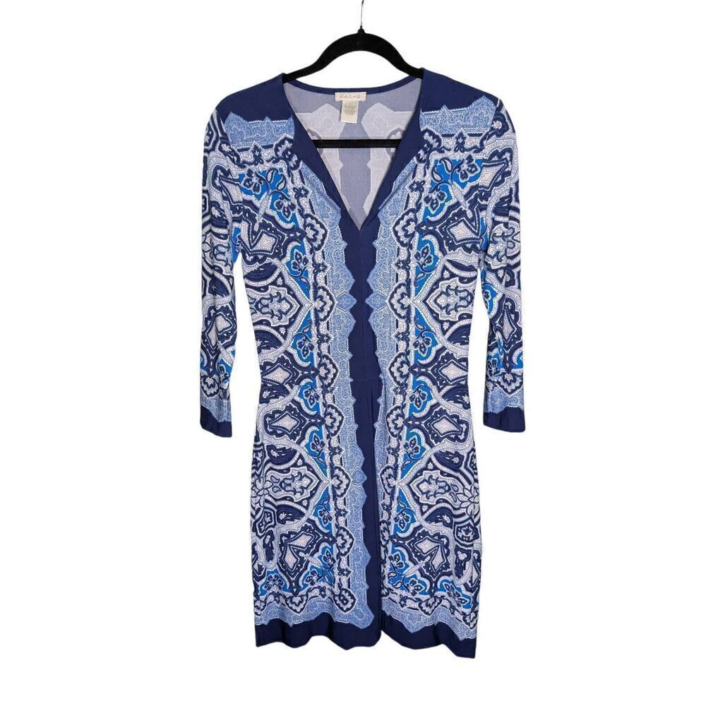Cache Dress Blue White Print 3/4 Sleeve Sheath Dress Women's Small